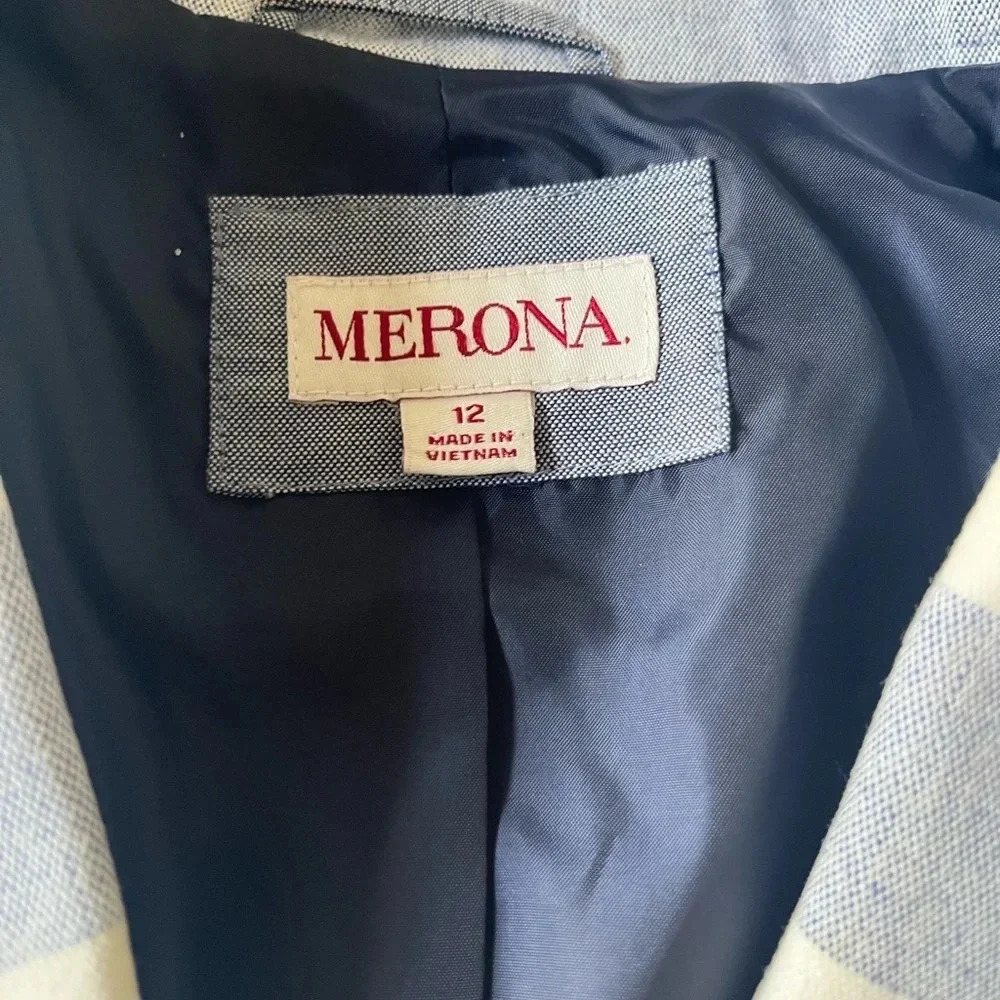 Merona Blazer Jacket Striped Blue White Coastal Size 12 - Picture 2 of 8